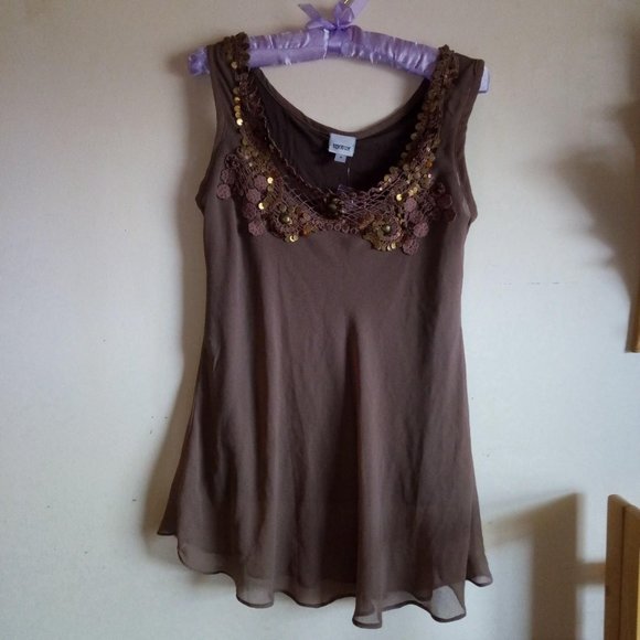 Brown flowy tank top with sequins/beads - Picture 1 of 4